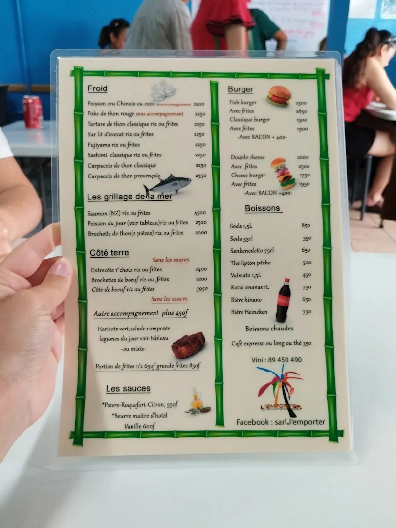 Carte complète de L'Emporter, froids, grillades, côté terre, burgers et boissons